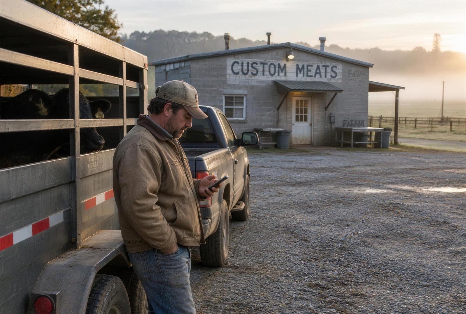 A farmer checking his phone beside a cattle trailer outside a small custom meat processing plant at sunrise